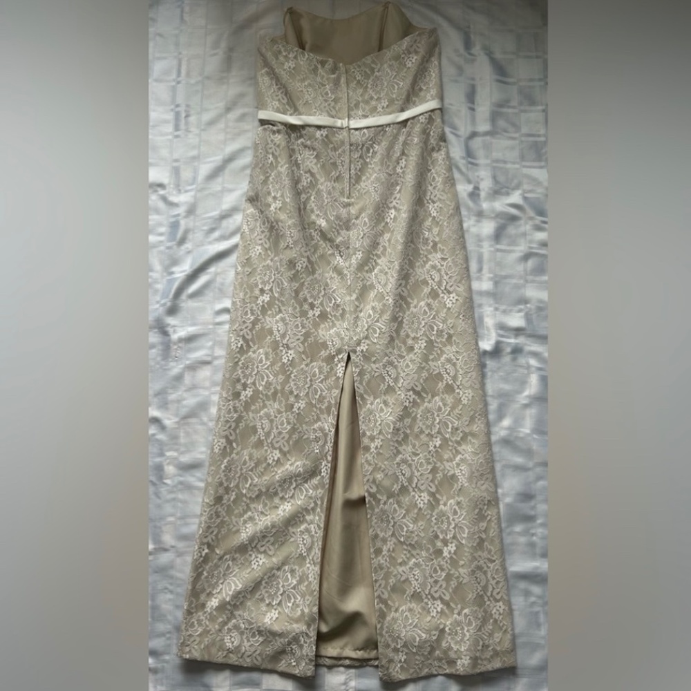 Alfred Angelo Strapless Empire Waist Champagne Underlay White Lace Overlay Dress - Picture 16 of 17
